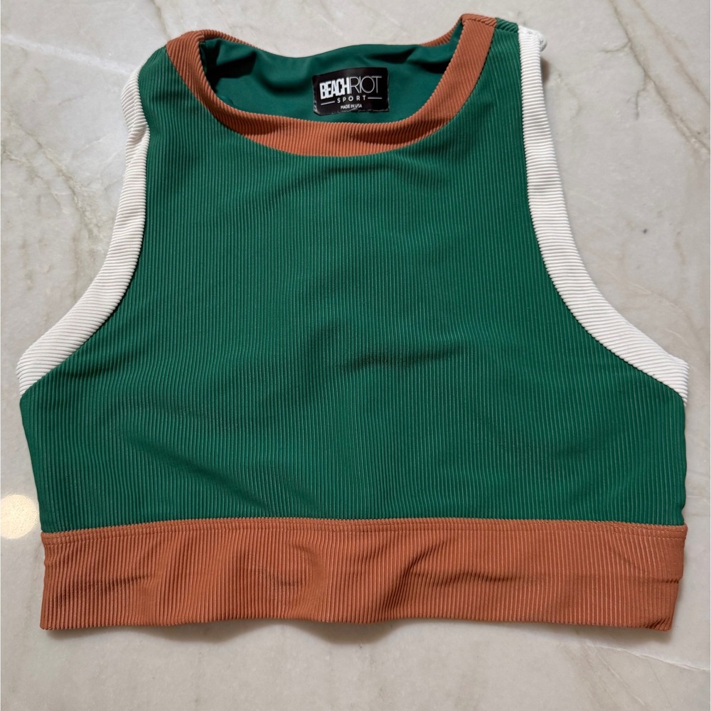 Beach Riot Sport Ribbed Crop Top Green Tan Colorblock Racerback Tank Small